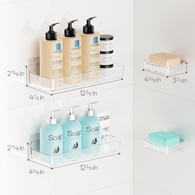 Crystal-Clear Shower Caddy with Soap Dish & Adhesive Pads, 2 Pack | Acrylic Wall Mounted Shower Shelves for Bathroom Organizers and Storage, No Drill for Bathroom Decor - Image 8