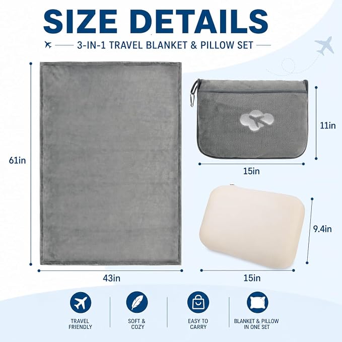 Blanket Pillow for Airplane Travel Essentials -3 In 1 Plane Travel Set Gray | Memory Foam, Compact with Bag, Fleece Soft for Long Flight Traveling Car Road Trip Flying Accessories, for Adult Women - Image 2