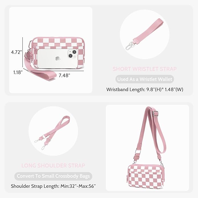 FODOKO Wristlet wallets for Women RFID crossbody bags with 4 Zippers | Checkered quilted nylon with credit card slots, cell phone organizer, and coin purse for travel and everyday carry - Image 5