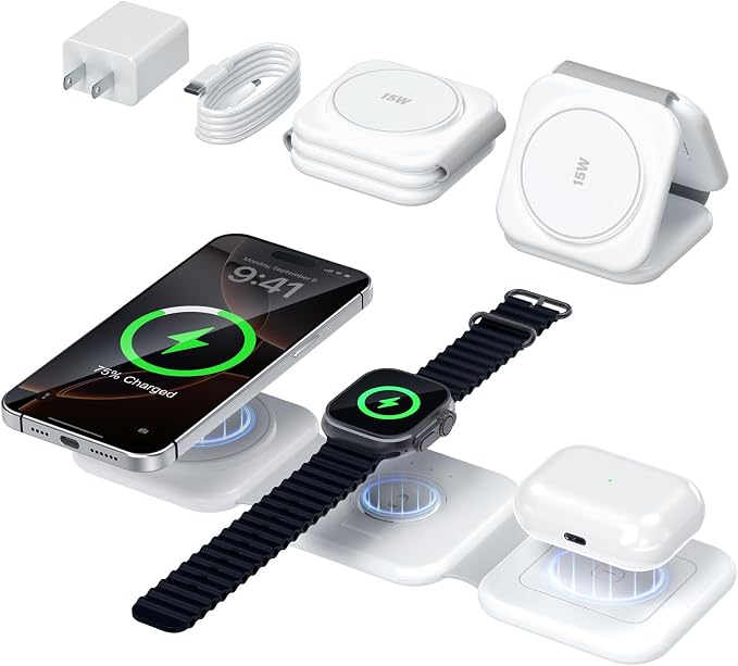 15W Magnetic Travel Charging Station, 3-in-1 Foldable MagSafe Charger | Wireless Charger for Apple Multiple Devices - iPhone Air 17 16 15 14 13 12 Pro Max, Watch & AirPods - Grayish White by SMILESTATION