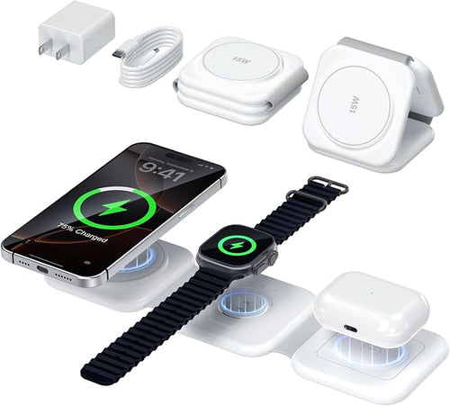 15W Magnetic Travel Charging Station, 3-in-1 Foldable MagSafe Charger | Wireless Charger for Apple Multiple Devices - iPhone Air 17 16 15 14 13 12 Pro Max, Watch & AirPods - Grayish White by SMILESTATION