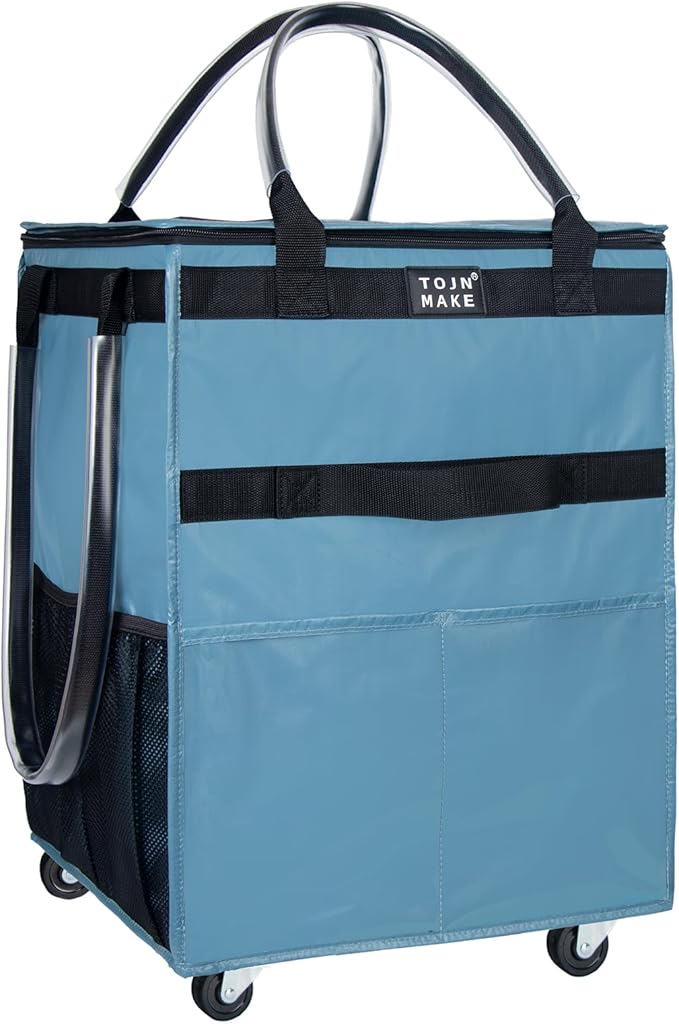 Reusable Grocery Bag On Wheels, Shopping Trolley, Rolling Tote with 8 Pockets and Zipper Cover, Foldable, Heavy Duty Handles, Carries Up to 46 LBS (Medium, Blue) by TOJNMAKE