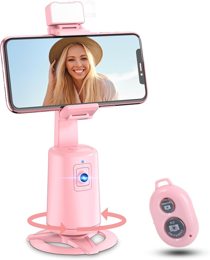 Auto Face Tracking Tripod 360° Rotating Cell Phone Photo and Video Kits Stand, No App, Camera Stand with Remote and Gesture Control, Rechargeable Smart Shooting Stand for Live Recording Tiktok（Pink） by jiangler