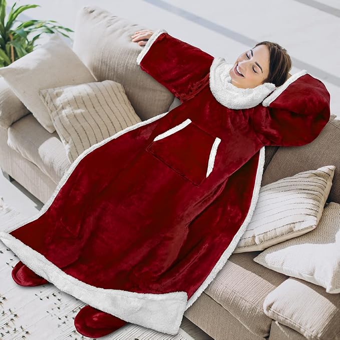 PAVILIA Sherpa Blanket with Sleeves, Foot Pocket for Women Men Adults, Thick Wearable Blanket Throw Wrap, Fleece Warm Snuggle Blanket Robe, Cozy Gift Ideas Wife Mom, Dark Red - Image 3
