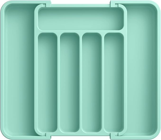 Aujen Silverware Drawer Organizer, Adjustable Utensil Cutlery Tray | Expandable Kitchen Organizer for Forks Knives, Multipurpose Kitchen Storage, Apartment Essentials, Green, Medium by AUJEN