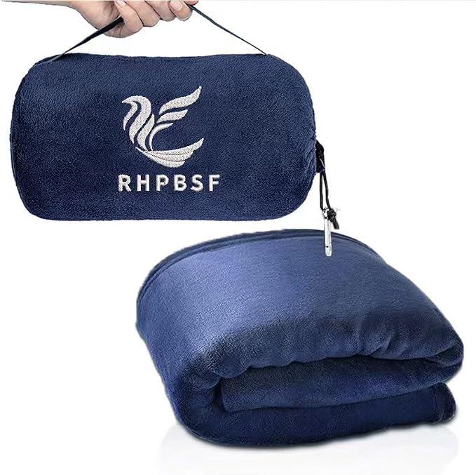 Travel Blanket Pillow 60x50 Inches Rolled Premium Soft Plush Airplane Throw Traveling Essentials Compact in a Bag Essential Gifts for Women & Toddler Airplane Accessories (Navy Blue) by Unknown