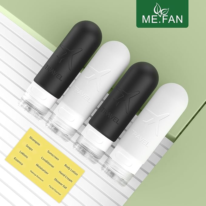 ME.FAN Travel Bottles for Toiletries,3oz Silicone Travel Size Containers, TSA Approved Squeezable Portable Split Bottle, Travel Accessories for Conditioner Shampoo Lotion - 4 Pack Black/White - Image 2