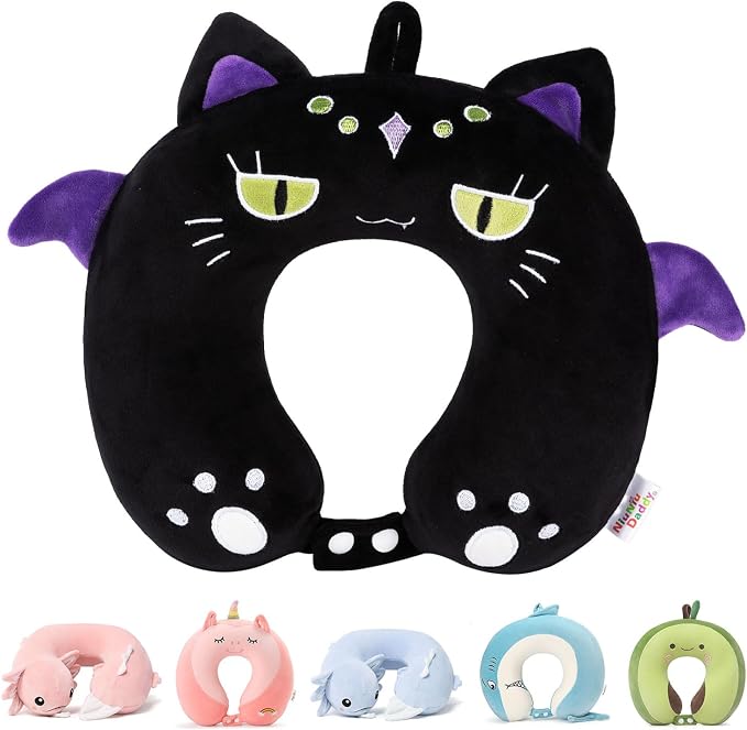 Kids Travel Neck Pillow for Ages 3-8, Memory Foam, Removable Cover, Cat | Machine washable, 13 in neck size, hidden zipper, 360-degree head and chin support, car seat and airplane use by NiuniuDaddy