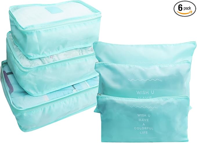 6 PCS Travel Luggage Organizer Bags, Packing Cubes Compression, Storage Bags Organizers, Laundry Pouches for Backpack Suitcases Clothes Underwear (Light Blue) by GUIFIER