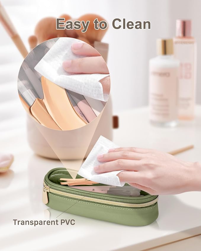 Soimeat Clear Travel Makeup Brush Holder, Leather Makeup Brush Toiletry Bag, Portable Cosmetic Brush Case, Transparent Waterproof Makeup Brush Storage Bag, Green - Image 4