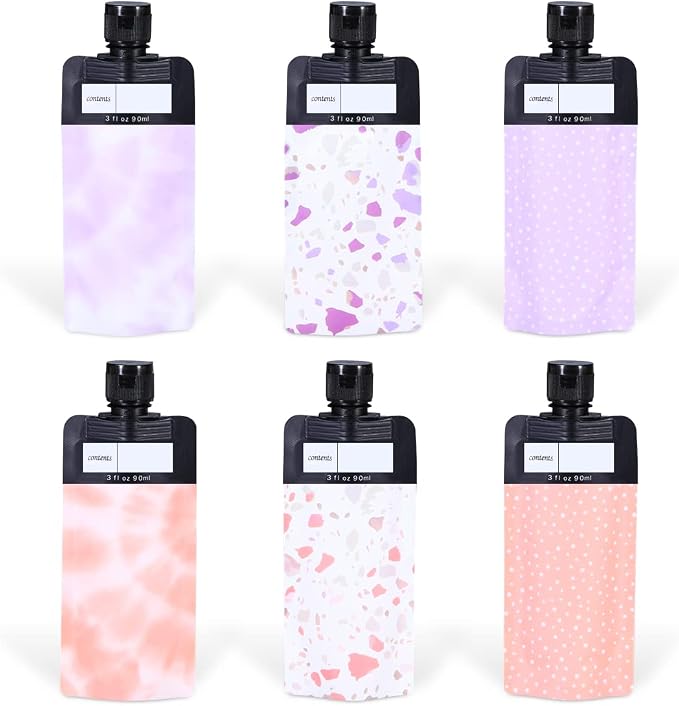 ASEVAT 3 oz 6pack Leak Proof Empty Squeeze Pouches Refillable Travel Size Containers Liquid Pouch Cosmetic Container TSA Approved Bag by ASEVAT
