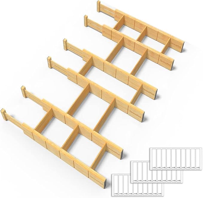 SpaceAid Bamboo Drawer Dividers with Inserts and Labels, Kitchen Adjustable Drawer Organizers, Expandable Organization for Home, Office, Dressers and Bathroom, 6 Dividers with 12 Inserts (17-22 in) - Image 2