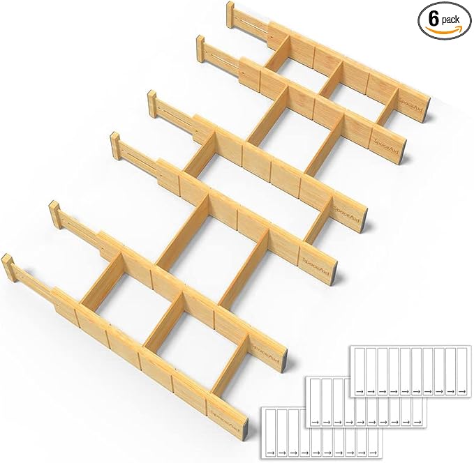 SpaceAid Bamboo Drawer Dividers with Inserts and Labels, Kitchen Adjustable Drawer Organizers, Expandable Organization for Home, Office, Dressers and Bathroom, 6 Dividers with 12 Inserts (17-22 in) by SpaceAid