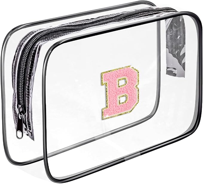 Clear Toiletry Bag,Portable Travel Toiletry Bag,Chenille Letter Cosmetic Bag with Zipper,Waterproof Makeup Bag,Cosmetic Storage Organizer for Women Men,Travel Essentials (Black,B) by Fodofodo