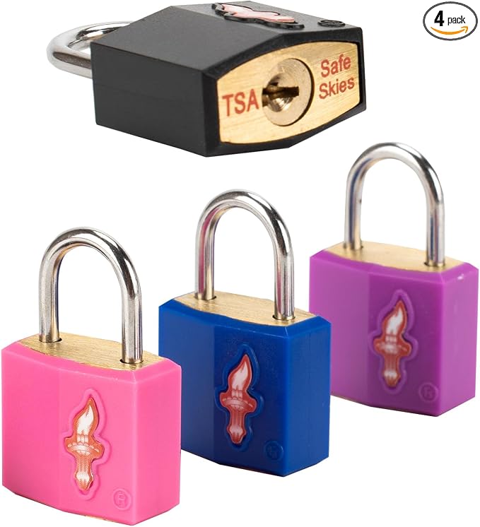 Safe Skies 4-Pack 4-Color Family TSA Travel Key Lock | 4 Colors for Family (Pink/Blue/Purple/Black) | Keyed Alike | 2 Keys/Lock | TSA Safe Skies Approved | 90-Day Warranty by Colorfullife