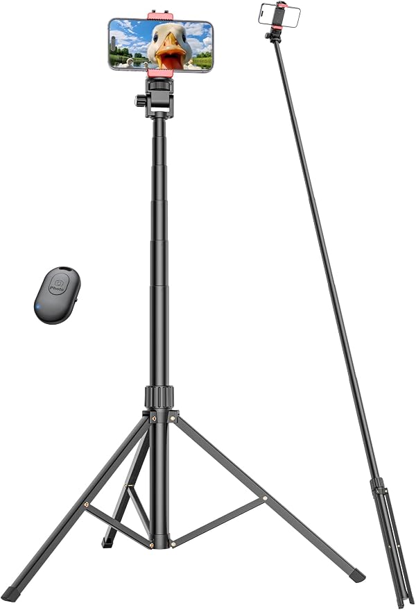 71'' Phone Tripod Stand, Extendable Reinforced Aluminum Phone Stand with Wireless Remote, Stable Cellphone Tripod (210cm-Black) by Pnitri