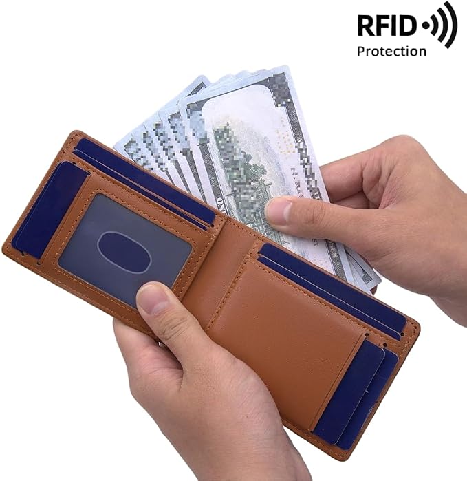 Slim RFID-Blocking PU Leather Bifold Wallet for Men & Women, Minimalist Card Holder with ID Window & Cash Pocket - Image 2
