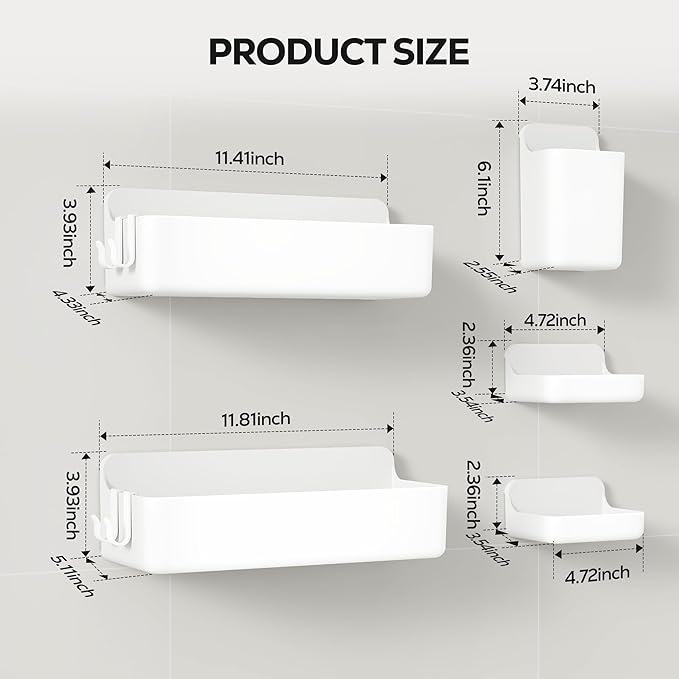 Nieifi Adhesive Shower Shelves, White, 5 Pieces | Rustproof ABS, Large Capacity, Removable Design, Easy-Clean, No Drilling Shower Organizer for Bathroom Storage & Home Decor - Image 2