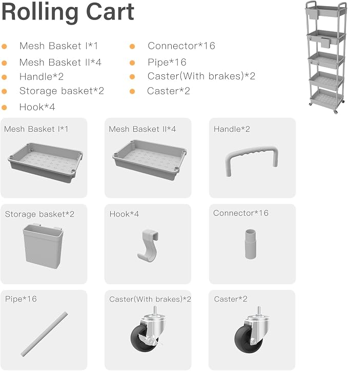 5 Tier Rolling Utility Cart with Handle,REBECAT Utility Cart Made of Multifunctional Storage Organizer Tool for Kitchen,Bathroom,Living Room,Office(Gray) - Image 5