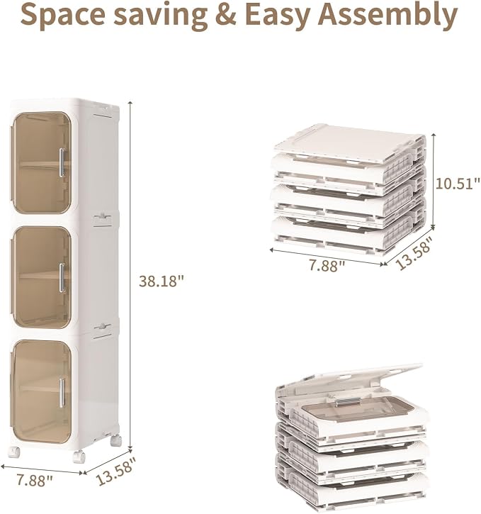 3 Tier Slim Bathroom Storage Cabinet, Foldable and Movable, Beige | Tools Free, ABS and PET, Magnetic Clear Door, Adjustable Shelves, Lockable Wheels, Water Resistant, For Narrow Space - Image 2