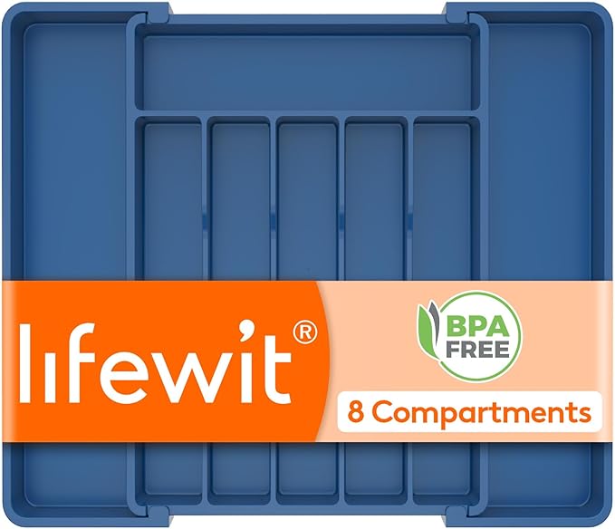 Lifewit Expandable Silverware Drawer Organizer, Kitchen Utensil Tray | BPA-free Plastic Flatware Cutlery Holder, Space-Saving Storage for Spoons Forks Knives, 11-18 x 14 x 1.5“, Dark Blue by Lifewit