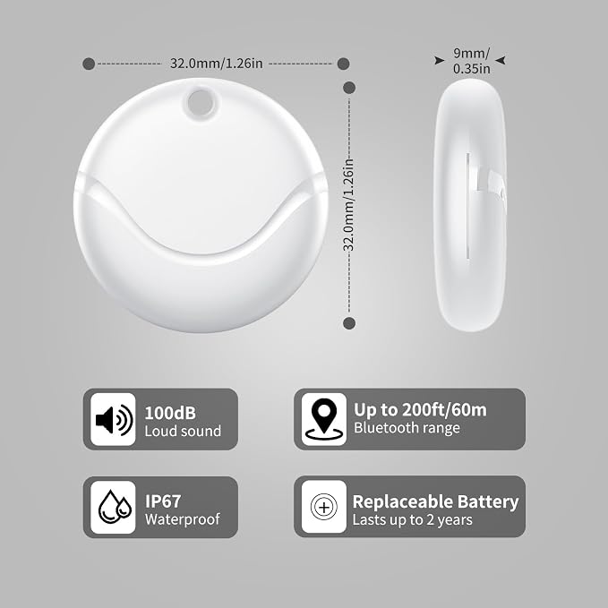 Air Tracker Tags-4 Pack White, Bluetooth Tracker Works with Apple Find My (iOS Only), Smart Tag with Lanyard, Item Finder for Luggage, Key, Suitcases, Replaceable Battery, IP67 Waterproof Tracking Tag - Image 7