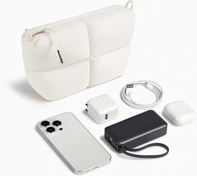 Comfyable Puffy Electronics Organizer Travel Case, Cute Tech Pouch for Women Men, Cable Storage Bag for Charger, Phone, Power Bank, Cord, Compact Tech Accessories Pouch, Rice - Image 6