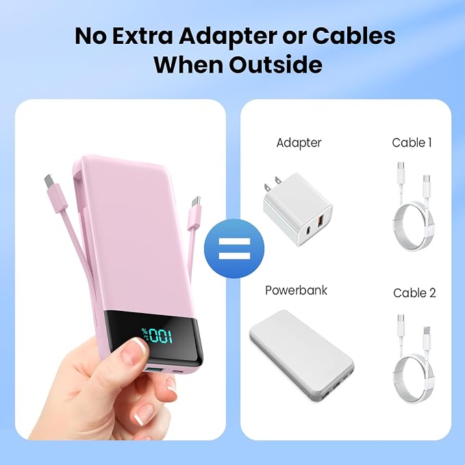 Portable Charger for iPhone,13800mAh Slim Power Bank with Built-in Cables & AC Wall Plug,All in One 4 Outputs USB C Fast Charging Battery Pack for iPhone 17/16/15/14,Android,Travel Essential (Pink) - Image 4