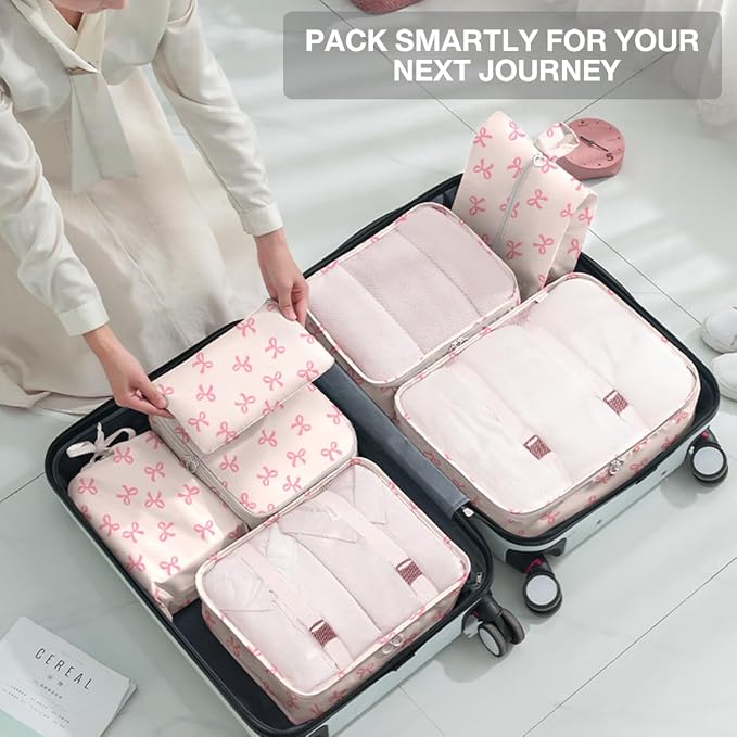 8 Set Packing Cubes for Suitcases,Suitcase Organizer with Shoe,Cosmetics,Clothing, and Accessories Bags for Travel Luggage Organizer Women Men(Pink Bows) - Image 7