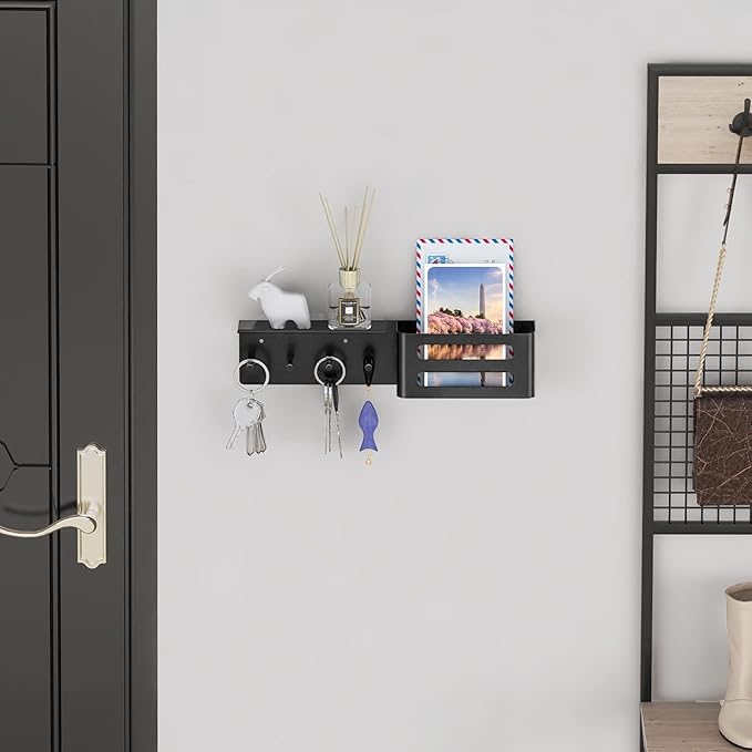 MKO Key Holder Wall Mount, Adhesive Key Hanger with 4 Hooks for Wall, Black | Metal Material, Key Rack with Shelf, Wall Mount, Mail Organizer Tray, Suitable for Entryway, Hallway, Living Room - Image 4