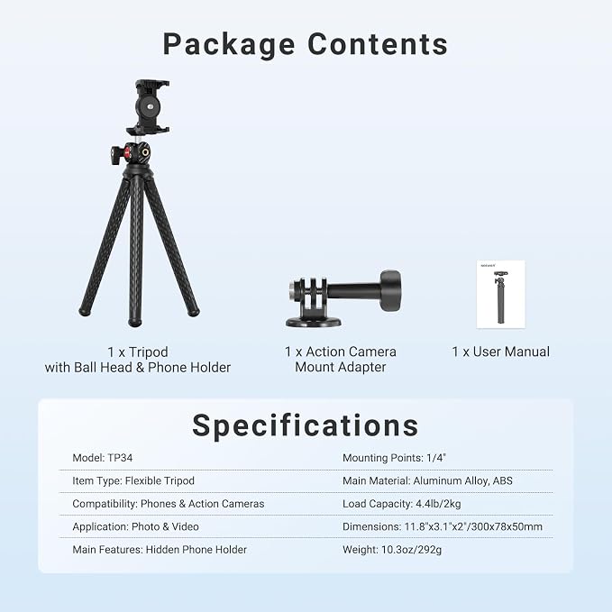 NEEWER Flexible Phone Tripod, Small Mini Camera Webcam Desk Stand, Phone Holder & Action Camera Mount Adapter Compatible with iPhone GoPro DJI Pocket 4 3 Xtra Muse Insta360 for Video Recording, TP34 - Image 10