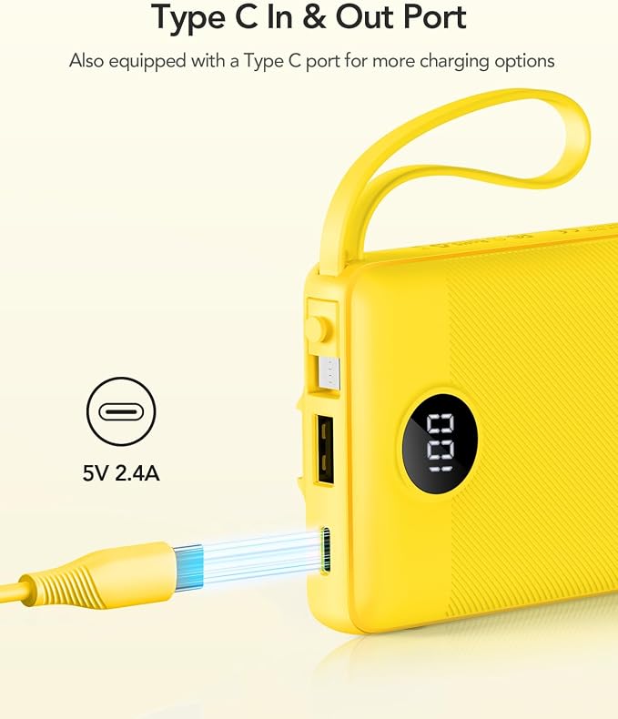 VRURC Portable Charger, Built-in 4 Cables Portable Phone Charger 10000mAh | Lightweight Power Bank with 5 Output 2 Input Compatible with Smart Phones,Samsung,Android etc-Yellow(1 Pack) - Image 3