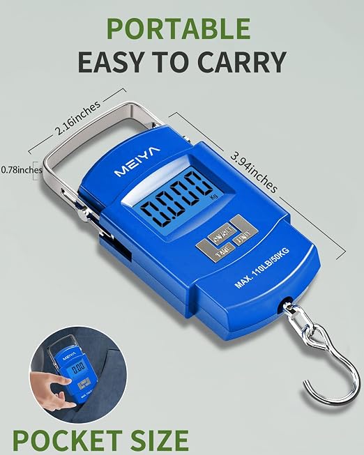 MEIYA Fish Scale 110lb Portable Luggage Scale Travel Digital Hanging Scale with Hook, Fishing Gifts for Men, Weighing Tool for Suitcases & Fish, Includes 2 AAA Batteries, Backlit LCD Display (Blue) - Image 4