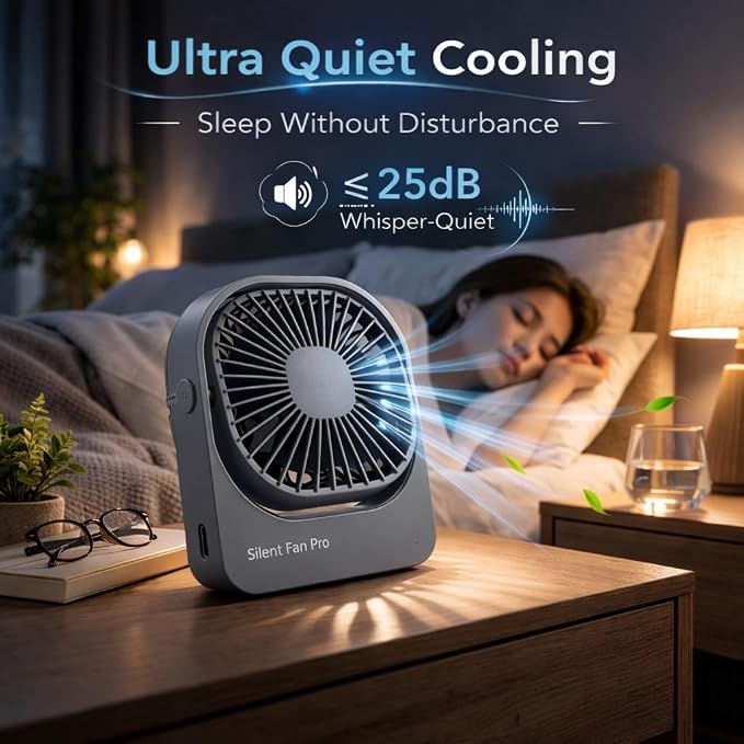 Portable Desk Fan,High-Capacity USB Rechargeable Cordless Small Fan with 360° Rotation, 3 Speeds Ultra Quiet Personal Fan for Office Desk, Travel, Home, Cruise Essentials (Grey) - Image 4