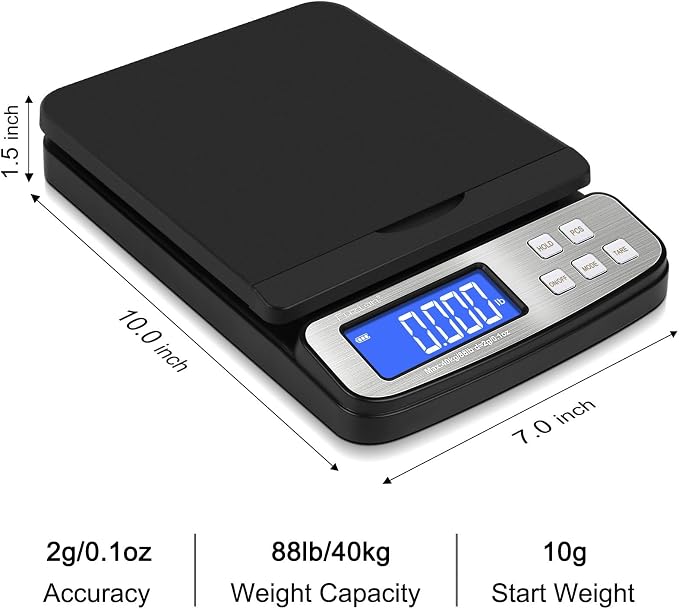 Fuzion Shipping Scale - Digital Postal Scale 88lb x 0.1oz, Flip-up Platform | All-in-1 Postal Scale, Large Display, Hold/Tare/PCS Counting, Easy Calibration, 5 Units, Scale for Packages, Small Business - Image 4