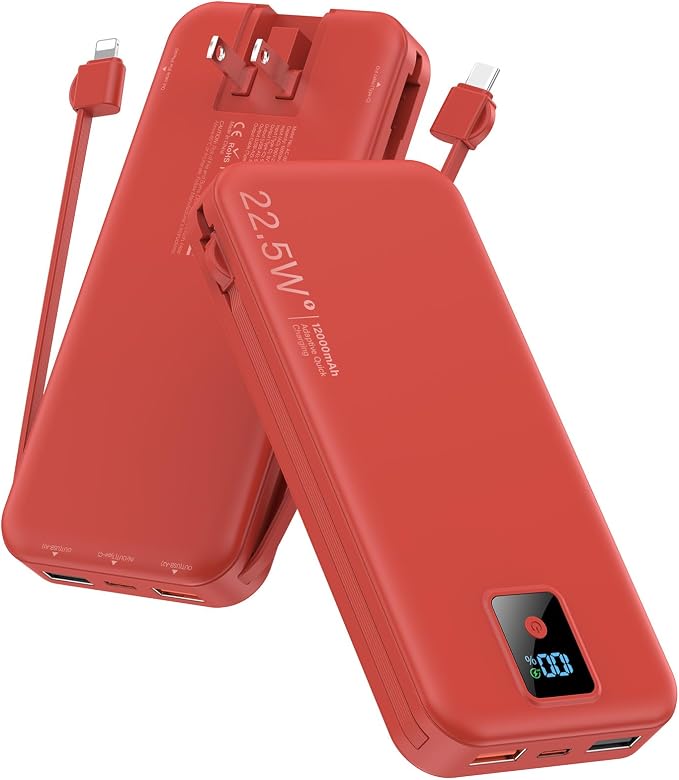 Portable Charger 12000mAh 22.5W w/Built-in Cable & Wall Plug Red | 22.5W fast charging, LED display, Charging 5 devices at once, Pass through charging, TSA approved, Compatible with iPhone by Rngsnoy