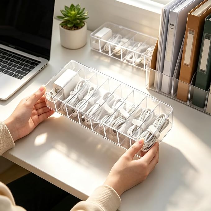 4Pcs cord organizer box with Lid, 10.2 x 3.5 x 2.2in, Desktop Cord Organizer with Compartments (4) - Image 3