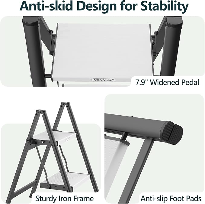 2 Step Ladder, Foldable Step Stool, 300lbs Load, Black & White | Folded 27''H x 3''T; Net 6.9 lbs; Rigid Aluminum Steps; No Assembly; For Home, Kitchen, Office, Pantry, Closets, Cabinets - Image 6