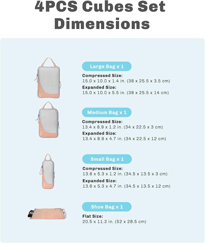 6 Set/ 4 Set/ 2 Set Compression Packing Cubes Travel Essentials Lightweight Nylon Luggage Suitcase Organizer Bag Light Pink 4PCS - Image 2
