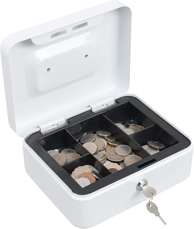 xydled Medium Cash Box with Lock, Removable Coin Tray, Steel Money Box, White - Image 2