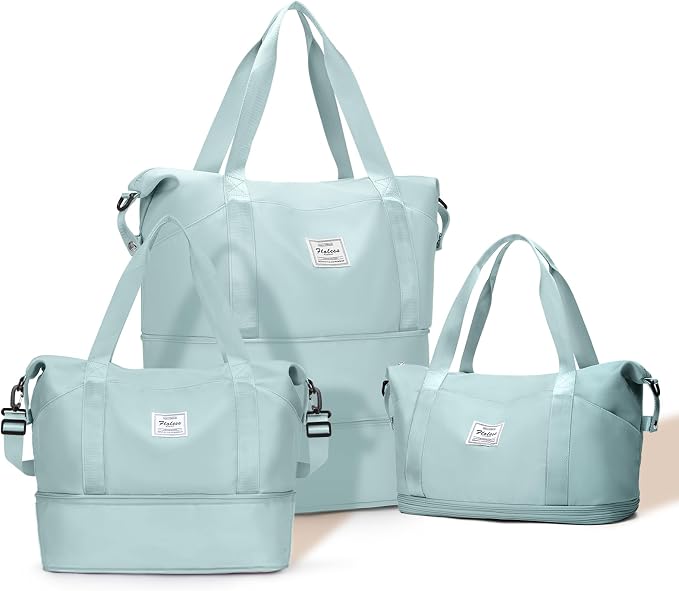Expandable Travel Duffle Bag for Women Men, Large Gym Bag Travel Tote Bags, Waterproof Carry On Personal Item Bag Airline Approved, Overnight Workout Weekender Bag with Luggage Sleeve, Light Blue | Waterproof Carry On Personal Item Duffel Bag 40L Doubl... by Livbote