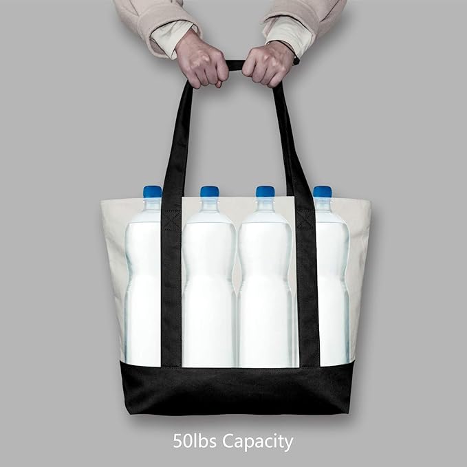TOPDesign 30-Pack Canvas Tote Bags with an External Pocket, Reusable Grocery Shopping Bags, Top Zipper Closure, Daily Essentials (Black/Natural) - Image 6