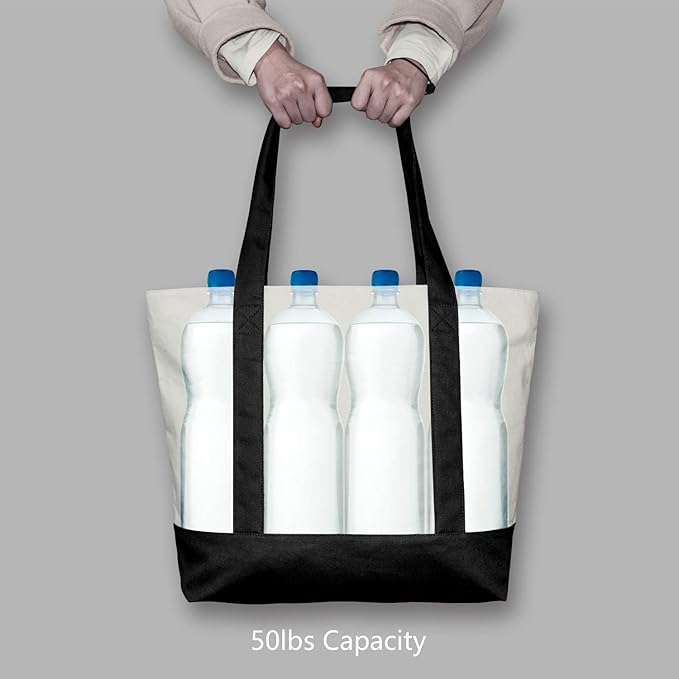 TOPDesign 3-Pack Canvas Tote Bags with an External Pocket, Reusable Grocery Shopping Bags, Top Zipper Closure, Daily Essentials (Black/Natural) - Image 6