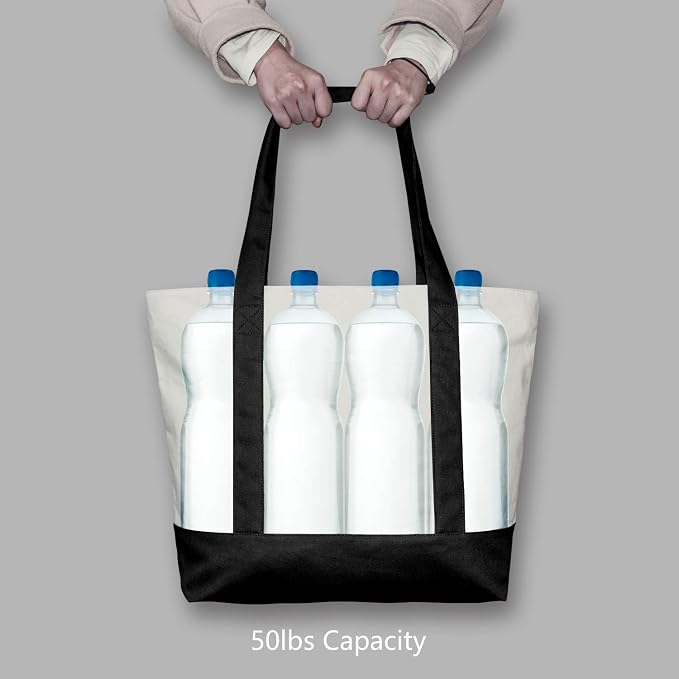 TOPDesign 6-Pack Canvas Tote Bags with an External Pocket, Reusable Grocery Shopping Bags, Top Zipper Closure, Daily Essentials (Black/Natural) - Image 6