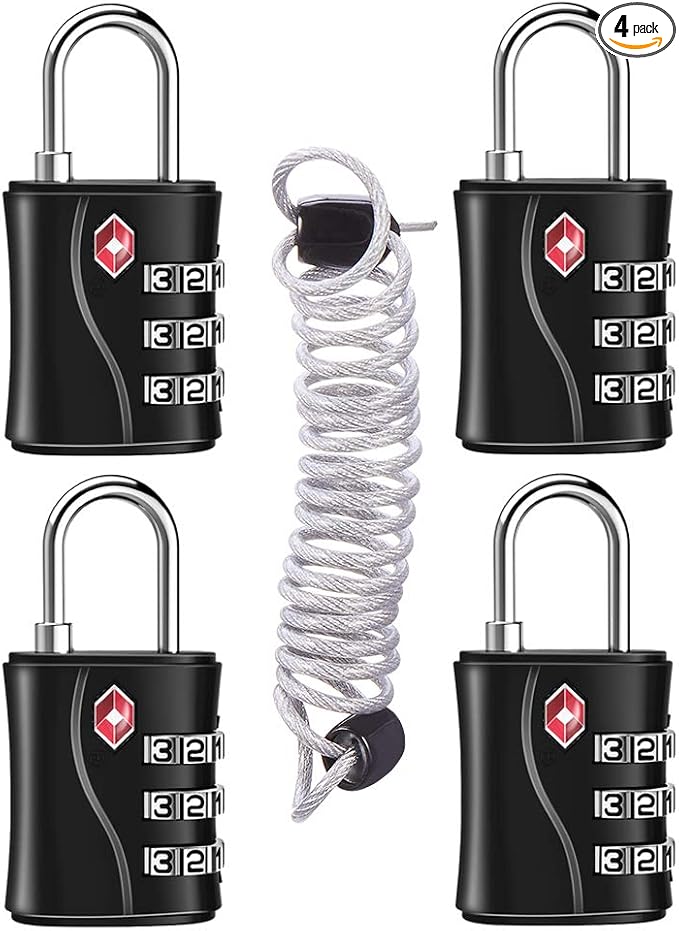 ZHEGE TSA Luggage Lock for Train 4 Pack, 1 Cable (30 Inch) (Black) | Travel Lock for Backpack, Suitcase, School Gym Locker by ZHEGE