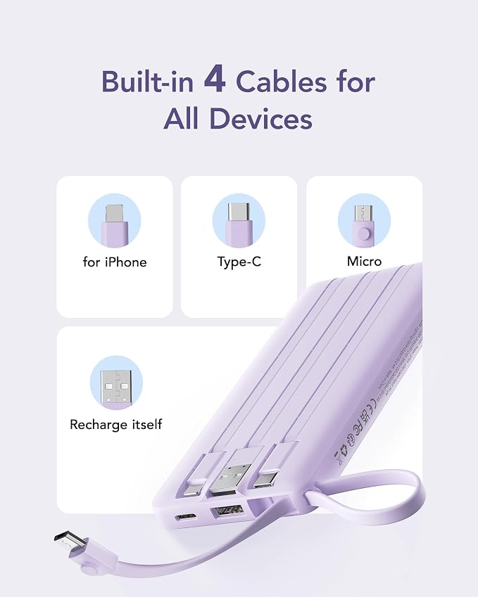 VRURC Portable Charger Power Bank, USB C Battery Pack 10000mAh, Flight-Safe Travel Essentials, 5 Outputs 2 Inputs Slim Phone Charging Bank Built-in Cables for Multi Devices-Lavender(1 Pack) - Image 9