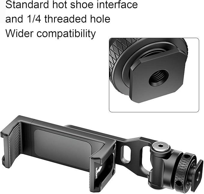 Asixxsix Phone Tripod Mount, 360 Rotation Hot Shoe Phone Mount with 2 Cold Shoe, 1/4In Screw Interface Smartphone Adapter Aluminum Alloy for Vlogging Rig, Photography - Image 3