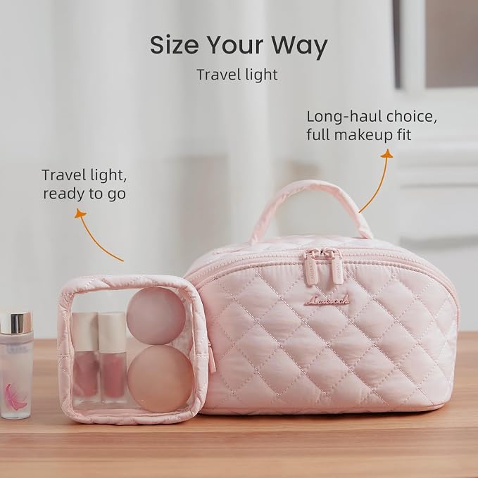 LOVEVOOK Travel Makeup Bag for Women, 2Pcs Puffer Waterproof Cosmetic Organizer, Large Capacity Pouch Open Flat Small Toiletry Bag with Brush Compartment & Handle (Pink-k, Medium) - Image 6