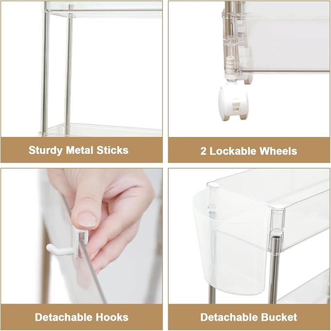 VECELO 3-Tier Acrylic Rolling Cart, Utility Cart for Kitchen Storage, Mobile Shelves Slide-Out Organizers with 2 Lockable Wheels&Hooks for Bathroom Laundry Room Living Room Office, Clear - Image 5