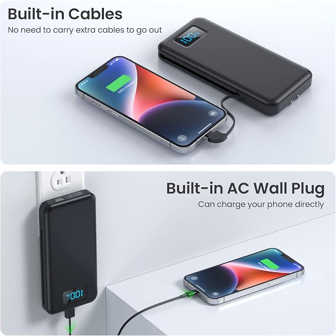 Portable Charger with Built-in AC Plug and Cables,13800mAh USB C Fast Charging Power Bank,Travel Essentials Portable Phone Charger Battery Pack for iPhone 17/16/15/14/13,Galaxy,Android-Graphite Black - Image 5